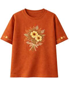 T-shirt personnalisé pour femme, imprimé floral, couleur rouille, en coton doux, col rond, manches courtes, décontracté, léger et confortable pour l'été - Product Image 1