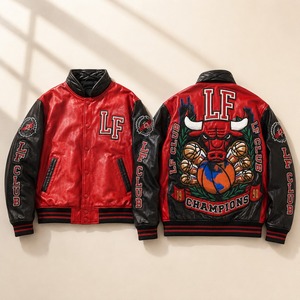 Veste universitaire rouge en PU pour homme, avec logo de taureau brodé, col rabattu, vêtement d'extérieur décontracté pour l'automne - Product Image 1