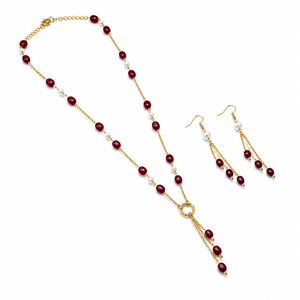 Custom Rhodium Plated Jewelry Set Red <b>Ruby</b> Gemstone Bead Pearl Station Y Lariat Ring Tassel Drop <b>Necklace</b> Earrings Women Jewelry - Product Image 3