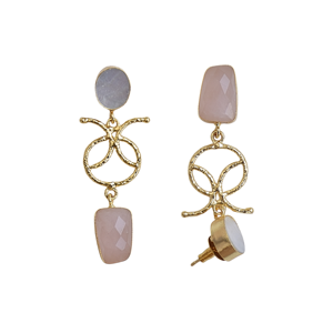 Boucles d'oreilles pendantes de créateur en or plaqué or, avec pierres semi-précieuses en quartz rose et nacre, au design géométrique sculptural - Product Image 4