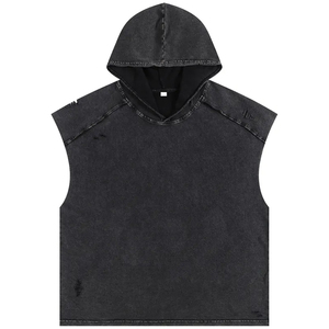 High Quality Men's Hooded Sleeveless Boxy Fit Vintage Streetwear Tank <b>Top</b> <b>Distressed</b> Splice Design Oversized Retro Fashion - Product Image 1