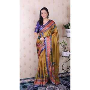 <b>Gold</b> Tussar Silk Pichwai Saree Traditional Printed Zari Woven <b>Scarf</b> & Shawl 450g Elite Weaves - Product Image 6
