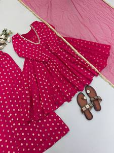 Conjunto Sharara Rosa Jacquard para Mujer, Traje Étnico Indio, Blusa Larga con Estampado Floral, Dupatta de Tela de Red, Vestido para Boda o Fiesta - Product Image 4