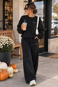 <b>Women's</b> <b>Black</b> Loose Fit Turtleneck Anti-Shrink 100% Cotton Sweatshirt & Wide Leg Split Hem <b>Pants</b> Casual Tracksuit Set - Product Image 6