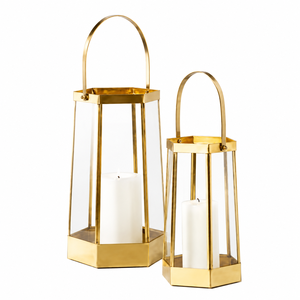 Lanterne à bougie en verre et métal doré nordique, moderne, trapézoïdale, géométrique, porte-bougie pilier, centre de table pour mariage et fête - Product Image 4