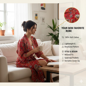 ชุดคลุมกิโมโนผ้าฝ้ายอีโค่สำหรับผู้หญิง ชุดนอนคอวี แขนยาว ความยาวเต็มตัว มีกระเป๋าหน้า 2 ช่อง ลายดอกไม้พิมพ์ลายดอก  ชุดคาฟตัน - Product Image 5