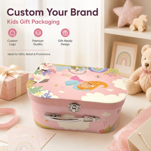 Boîtes cadeaux pour enfants de style valise personnalisées, boîte d'emballage rigide réutilisable avec impression intégrale personnalisée pour les cadeaux d'anniversaire des enfants - Product Image 1