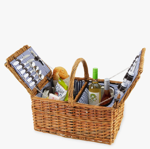 Rustic Natural Rattan Eco-Friendly Picnic <b>Basket</b> Handles Rectangle Shape Outdoor Food <b>Storage</b> Organizer Blue <b>White</b> Stripe Liner - Product Image 1