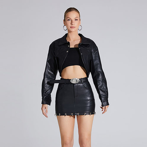 Cross Mirror Autumn New Lapel Pu Two-piece Set Crop Short Sleeve Short Leather Coat Bag Hip Shorts - Product Image 5