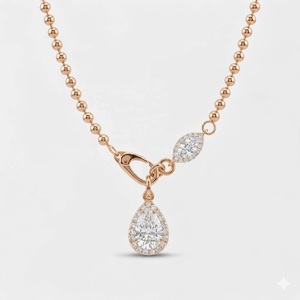 Collier chaîne à billes en or 14K avec pendentif goutte taille poire et halo marquise, chaîne à perles, collier pendentif tendance - Product Image 2