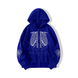 Sweat-shirt à capuche zippé bleu pour homme, imprimé squelette en strass, style gothique, tricoté oversize à manches longues, pour l'automne - Product Image 1