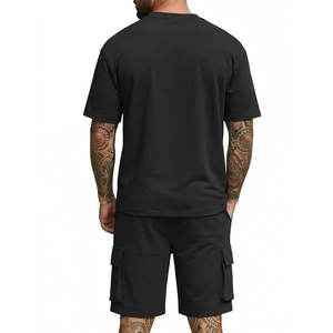 Conjunto corto de 2 piezas para hombre, camiseta de verano de manga corta con cuello redondo y pantalones cortos con cordón, estilo casual. - Product Image 6