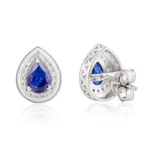 14K White Gold Pear Cut Blue Sapphire Solitaire Halo Stud <b>Earrings</b> - Product Image 4