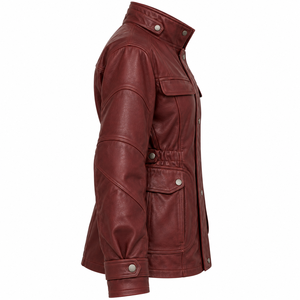 Womens Burgundy Leather Field Jacket Dark <b>Red</b> Genuine Lambskin Safari Utility <b>Coat</b> Cinch <b>Waist</b> Snap Collar Flap Pocket Outerwear - Product Image 3