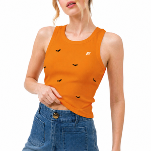 Women's Custom Orange Color Bat Print Knitted Crop Tank Top Sleeveless O-Neck Casual Autumn Top Wholesale OEM women's shirt - Product Image 5