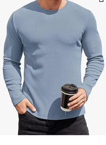 Chemise décontractée à manches longues pour homme, bleu clair, tricotée, couleur unie, col en V, manches longues, vêtement d'automne, tissu en coton, anti-boulochage - Product Image 2