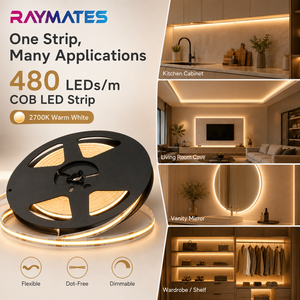 Bande LED COB autocollante DC24V 480 LED/m 2700K Blanc chaud 10W/m CRI 90+ Bande LED COB flexible pour l'éclairage des armoires et des cuisines - Product Image 1