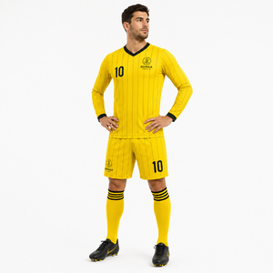 Ensemble Maillot de Foot Personnalisé Jaune et Noir à Manches Longues, Short et Chaussettes, Rayures Fines, Tenue d'Équipe, Fabrication OEM, Qualité Supérieure pour Jour de Match - Product Image 5