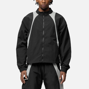 Unisex <b>Black</b> Windproof Waterproof Breathable Racer Jacket Gray Color Blocking Hooded Zipper Closure Sporty High Street Style - Product Image 5