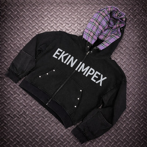 Sudadera con capucha personalizada de 450 g/m² de doble capa, felpa francesa, lavada al ácido, con efecto desgastado por el sol, logotipo serigrafiado, color negro, con cremallera, para hombre - Product Image 1