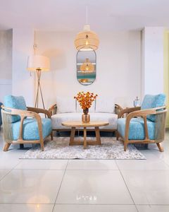 Luxury Teak Wood Living Room <b>Sofa</b> Set with Upholstered Lounge Chairs and Round Coffee <b>Table</b> for Hotel Villa - Product Image 2