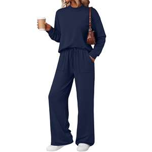 Ensemble de survêtement personnalisé pour femme, bleu marine, col rond, haut à manches longues, pantalon large, ensemble deux pièces, vêtements de détente, vente en gros OEM - Product Image 1