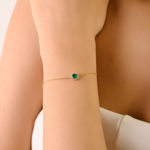14K <b>Solid</b> <b>Gold</b> Vintage Round Emerald Bracelet with IGI Certified Halo Diamonds - Product Image 1