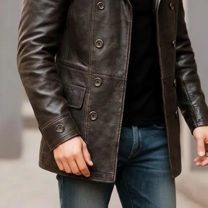 Manteau court en cuir d'agneau véritable marron vintage pour homme, à double boutonnage - Product Image 3