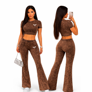 Women Vintage Washed Flare Pants Set Custom Logo Tracksuit Two Piece Outfit Crop Top <b>Bell</b> Bottom Pants Fashion Streetwear Set - Product Image 2