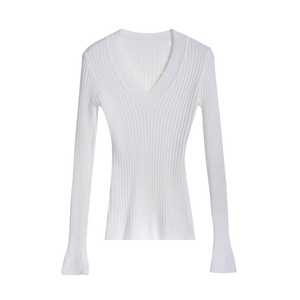 Women's Halter Neck Ribbed Knit Pullover Long Sleeve Solid White Canvas <b>Top</b> Elegant Style Autumn Wear Eco-Friendly - Product Image 1