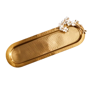 Wholesale Hotel Wedding Parties Tableware Food <b>Serving</b> <b>Tray</b> Top Quality <b>Gold</b> Metal <b>Tray</b> With White Floral Handle In Good Price - Product Image 1