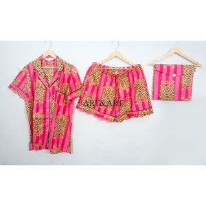 Ensemble pyjama short en coton 100% pur, élégant et classique, imprimé sérigraphié, pour les vacances d'été, avec poches, doux, respirant, cordon de serrage - Product Image 3