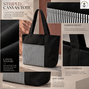 Bolsa de Pañales de Lona a Rayas para Uso Diario con Asas Largas |   Bolsa de Transporte Negra y Blanca para Artículos Esenciales de Bebé, para Compras, Viajes y Uso Diario - Product Image 5