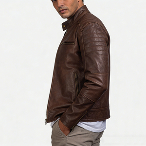 Men's <b>Brown</b> Genuine Leather Moto Jacket Stand Collar Zipper Closure Slim Fit Autumn Wear Regular Sleeve - Product Image 4