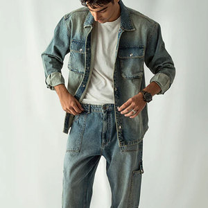 Chemise en jean pour homme, col mandarin, manches trois quarts, teinture dégradée, couleur unie, boutonnée, coupe ajustée, décontractée, pour l'été - Product Image 2