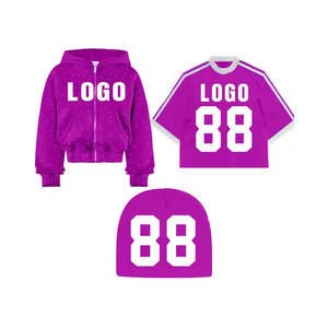Ensemble sweat à capuche, t-shirt et bonnet violet avec logo 88, style streetwear unisexe, pour l'automne, manches longues, fermeture éclair frontale, imprimé, coupe ample - Product Image 2