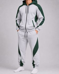 Men's White Blue Color Blocking Tracksuit Full <b>Zip</b> <b>Hooded</b> Sporty Style Regular Fit Autumn Wear With Side Pockets - Product Image 3
