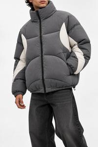 Blouson matelassé unisexe gris à col montant, fermeture éclair, coupe-vent, en polyester épais, décontracté pour l'hiver, coupe ample, design color block - Product Image 5