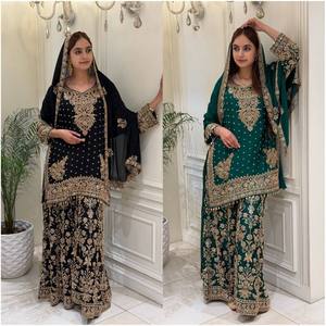 Ensemble de costume palazzo pour femmes en fausse dentelle de georgette lourde brodée de sequins |   Tenue de fête et de mariage indienne de créateur en 2 pièces - Product Image 1