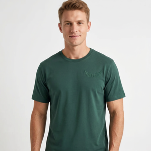 T-shirt décontracté pour homme, vert foncé, avec logo en relief, manches courtes, col rond, coupe classique, respirant, en polyester tricoté - Product Image 4