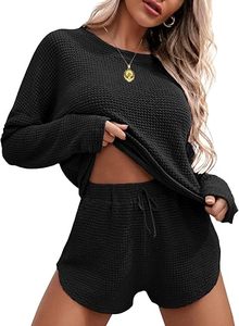 Ensemble de pyjama en tricot gaufré pour femmes, haut à manches longues et short assorti, ensemble de détente, vêtements de détente avec poches - Product Image 2
