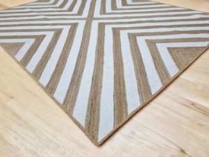 Tapis de salon rectangulaire moderne en jute à motif géométrique, tissage plat, antidérapant, blanc et marron - Product Image 3