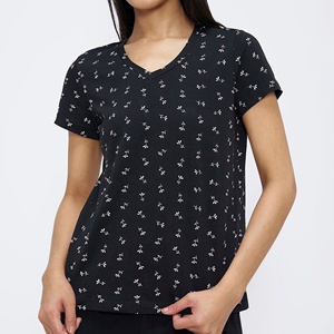 T-shirt décontracté d'été pour femme en jersey de coton imprimé, col en V, manches courtes, avec détail troué, tissu respirant, coupe classique - Product Image 4