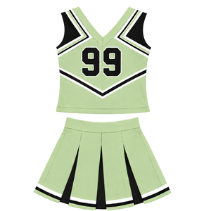 Uniforme de cheerleading imprimé vert clair, noir et blanc pour adultes, haut court sans manches à col en V, jupe plissée, pour équipe de danse de performance - Product Image 2