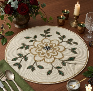 Set de table rond en perles de verre brodées à la main, style bohème, motif floral, vintage, réutilisable, personnalisable, décoration de table - Product Image 1