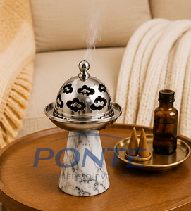 Natural White Marble Incense Burner with Laser-Cut Metal Lid Traditional Arabic Bakhoor Censer And Loban Burner For Home <b>Decor</b> - Product Image 6