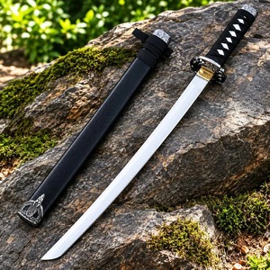 ดาบคาตานะสแตนเลสพร้อมด้ามหนังสีดำและใบดาบตรง - Product Image 6
