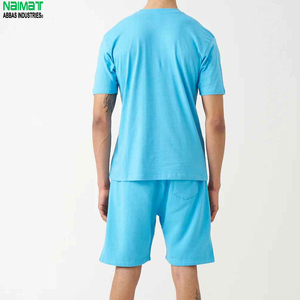 Ensemble T-shirt et short pour homme en coton bleu uni, col rond, décontracté, pour l'été, 2 pièces, tissu respirant tricoté - Product Image 5