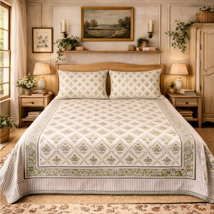 Super Soft Breathable Light Green Floral Jaipuri Indian Hand <b>Block</b> Printed Premium 100% Cotton Bedsheet Durable King Size - Product Image 5