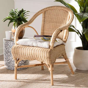 Handmade Natural Rattan <b>Chair</b> Wicker Armchair With Wide Curved Back And Cushion <b>For</b> Living Room <b>Bedroom</b> Home Furniture - Product Image 1